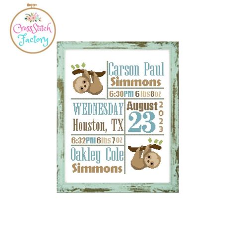 Lazy Sloths Birth Announcement Twins Baby Cross Stitch Pattern Birth