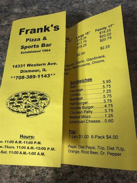 Menu at Frank's Pizza House pub & bar, Blue Island