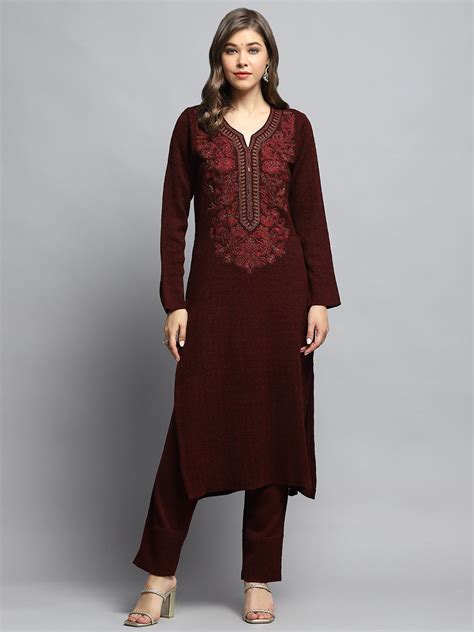 buy women maroon  design  neck full sleeve kurti set