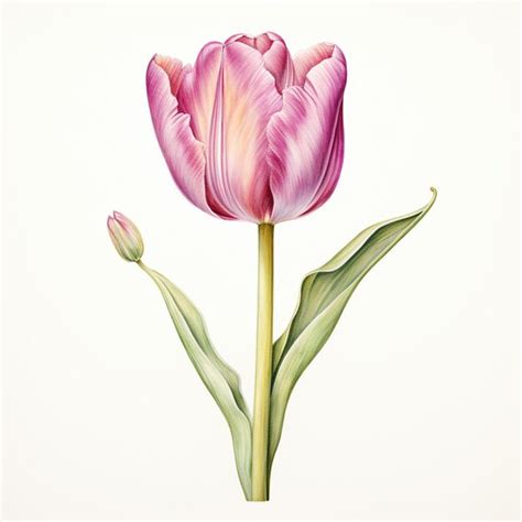 Premium Photo There Is A Drawing Of A Pink Tulip With Green Leaves