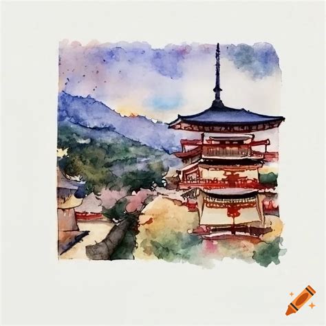 Watercolor Illustration Of Scenic Japan