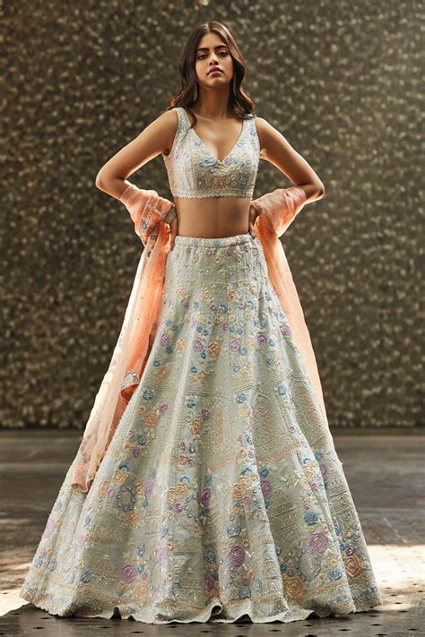 Buy Seema Gujral Blue Net Floral Embroidered Lehenga Set Online Aza