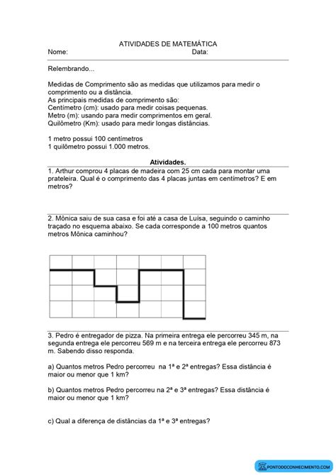 Atividades de matemática sobre revisão de medida de comprimento Ponto