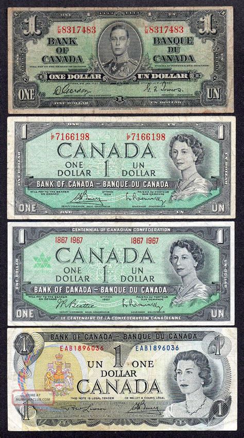 1937 1954 1967 1973 $1. 00 Last (4) Bank Of Canada Old Money One Dollar Bills