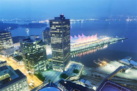 Vancouver Skyline with Canada Place at Night, Aerial View Stock Image ...