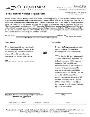 Fillable Online Coloradomesa Social Security Number Request Form