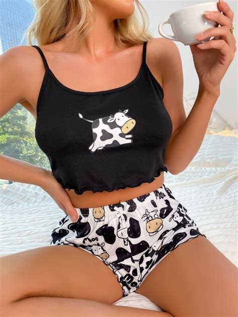 Conjunto De Pijama Con Estampado De Vaca Ribete En Forma De Lechuga