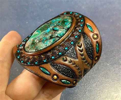 Hand Tooled Leather Cuff Bracelet With Chrysocolla Cabochon Beach