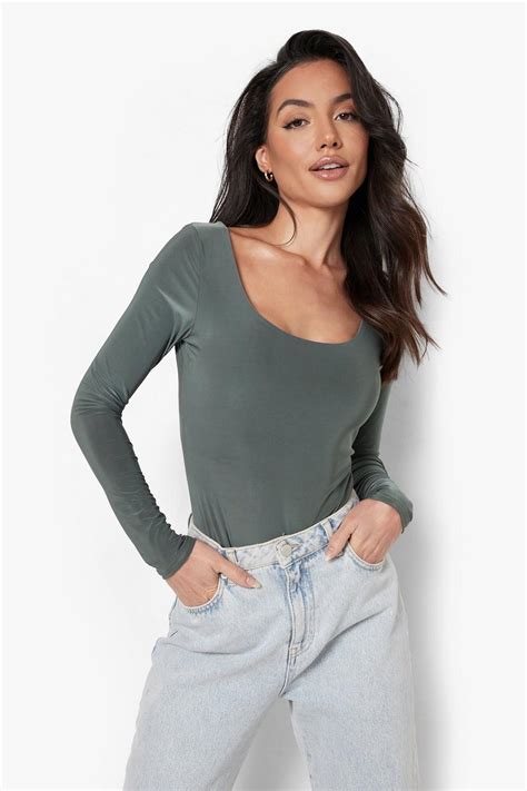 Womens Green Double Layer Slinky Scoop Neck Bodysuit Boohoo Uk