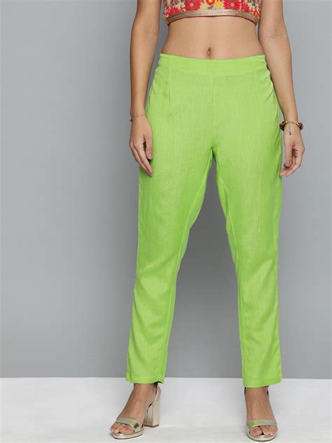 Buy Hereandnow Women Lime Green Regular Fit Solid Trousers Trousers For