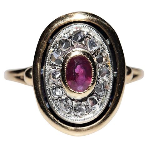 Antique Circa 1900s 18k Gold Natural Rose Cut Diamond And Ruby Ring For