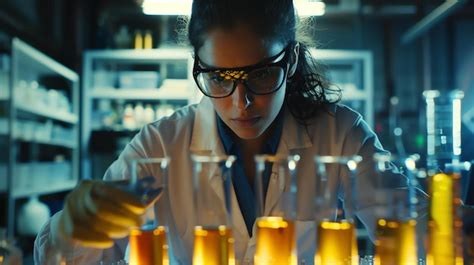 Premium Photo A Young Female Scientist Wearing A Lab Coat And Safety Glasses Carefully