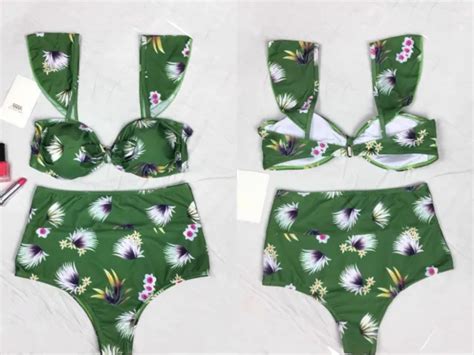 HOT Korean Swimsuit Korean Swimwear Green Flowers Two Pieces Swimsuit Bikini Lazada PH