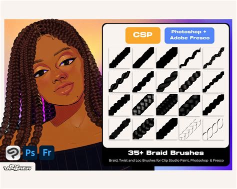 Photoshop Adobe Fresco Clip Studio Paint Braids Twists Locs Brush