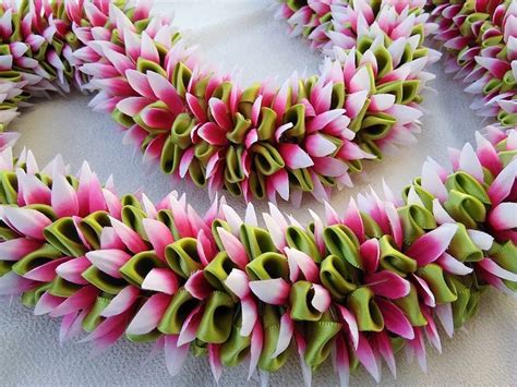 Green Pink Dahlia Hawaiian Glory Ribbon Lei Ribbon Lei Flower