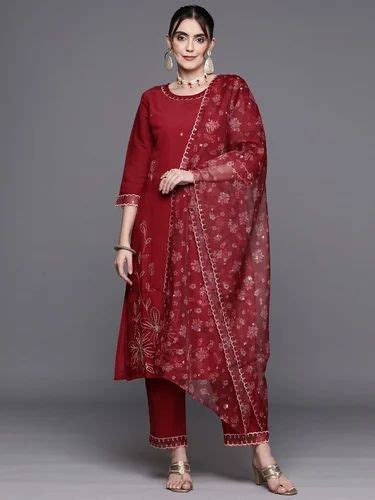 Viscose Rayon Indo Era Red Embroidered Straight Kurta Trousers With