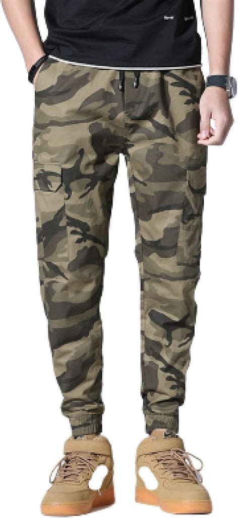 Mens Camouflage Cargo Combat Pants Drawstring Elastic Waist Large