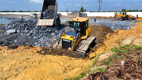 Part Nice Impressive Action Showing Dozer Pushing Stone Remove