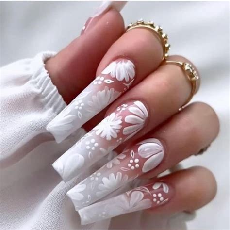 YOSOMK White French Tip Press On Nails Long Flower False Fake Nails