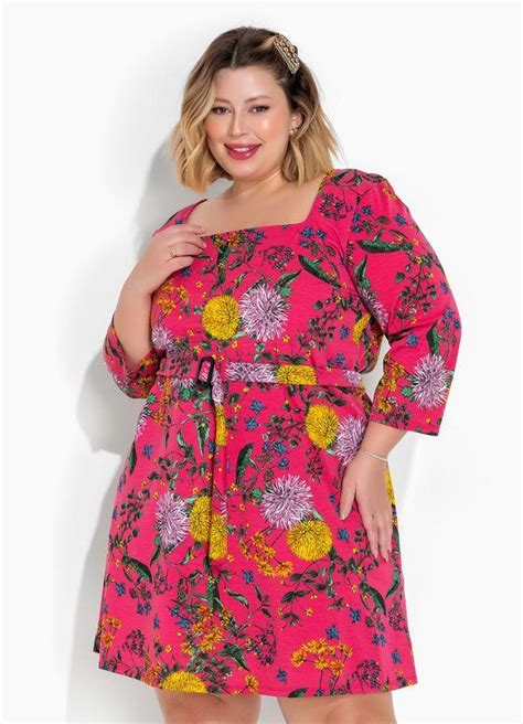 Vestido Floral Rosa Com Faixa Grátis Plus Size Marguerite