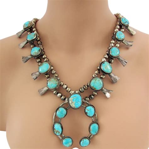 Native American Turquoise Squash Blossom Necklace Silver Turquoise