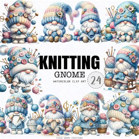 Watercolor Knitting Gnome Clipart PNG Bundle Crochet Gnome Gonk Wool