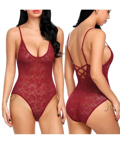 Women Teddy Lingerie Scoop Neckline Lace Up Back Lace Bodysuit Wine