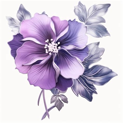 Purple And Silver Flowers On A White Background With Leaves Generative