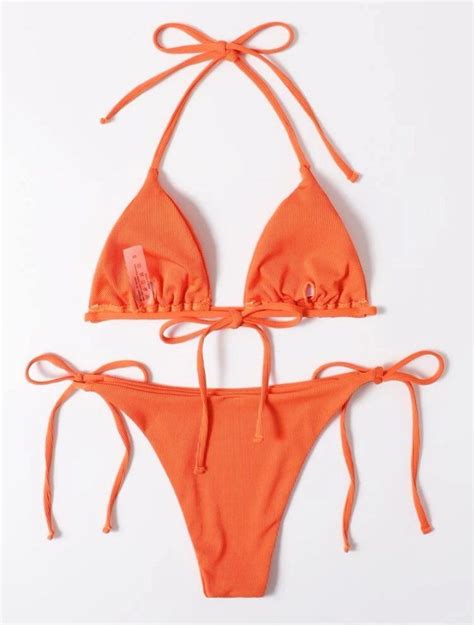 Shein Swim Vcay Mono Bikini Set Halter Triangle Bra And Tie Side Bottom 2 Piece Swimsuit Womens