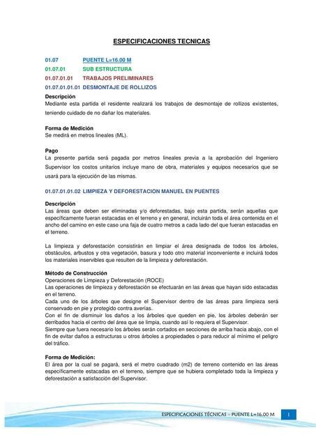 Especificaciones técnicas de un Puente L 16m Apuntes de Ingenieria