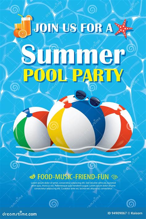 Pool Party Invitation Poster With Blue Water Vector Summer Back Stock