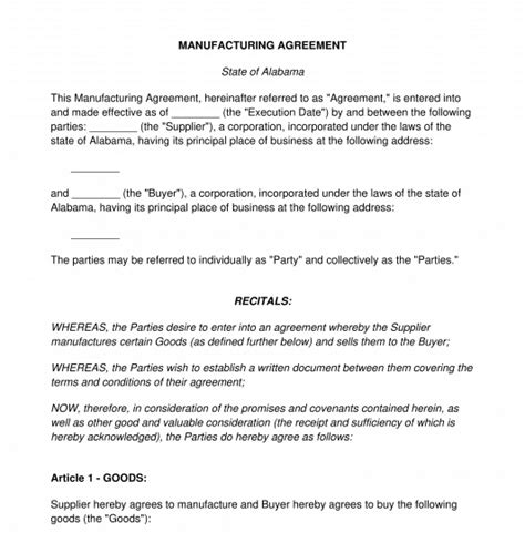 Manufacturing Agreement FREE Sample Template