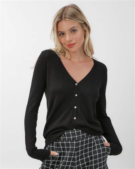 Riachuelo Cardigan Feminino Tricot Decote V Preto Pool Basics By