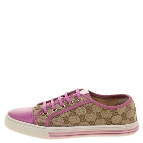 Gucci Pink Leather and Beige Guccissima Canvas Low Top Sneakers Size 39 ...