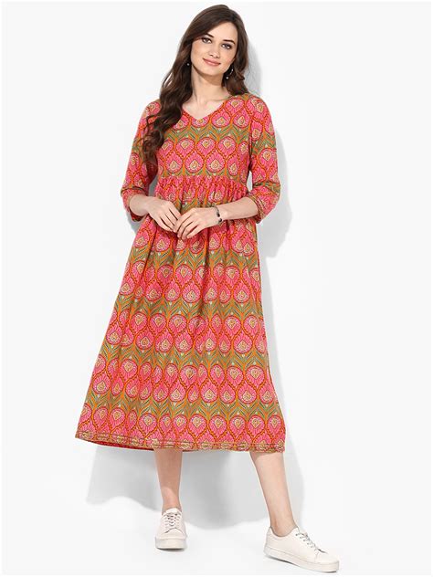 Buy Sangria Women Coral Printed Empire Dress - Dresses for Women ...