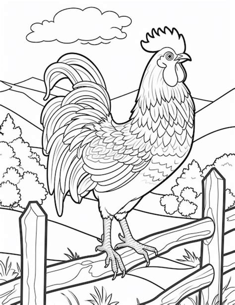 Premium Photo Coloring Pages Of Roosters On A Fence In A Field