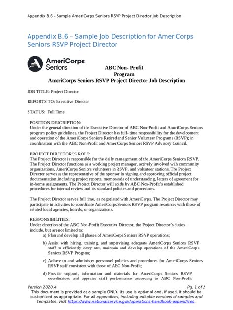 Appendix B Sample Americorps Seniors Rsvp Project Director Job