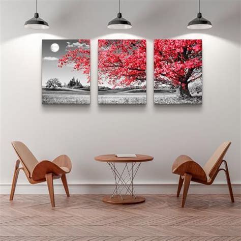 Wall Decor Living Room 20x28inches 3pcs Black And White Red Moon Tree