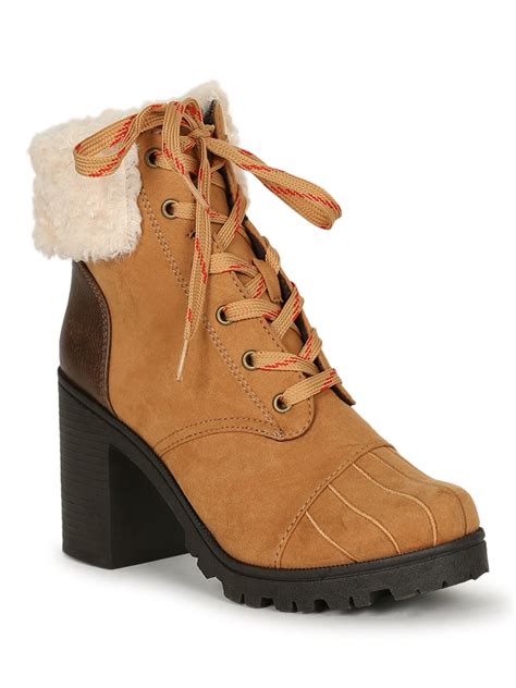 Qupid Women Sherpa Cuffed Lace Up Lug Stacked Ankle Boot 19579