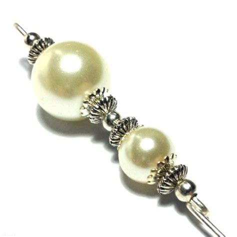 6 Ivory Glass Pearl Bead Hat Pin Vintage Tibetan Antique Silver Style