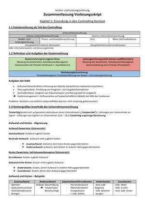 Kostenrechnung Und Controlling Zusammenfassung Ni See Cmcs Oam