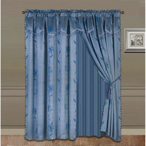 Nada Slate Blue Complete Window Curtain Set 2 Panels Faux Silk Leaf Floral 2 Panel Solid Sheer 2