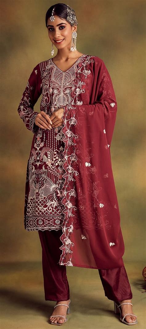 Festive Party Wear Reception Red And Maroon Color Georgette Fabric