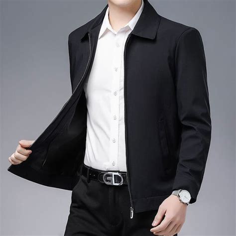 Smooth Zipper Turn Down Collar Mens Jacket Solid Color Middle Aged Men