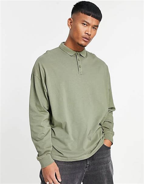 Asos Design Oversized Polo Long Sleeve T Shirt In Khaki Acid Wash Asos