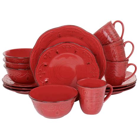 Elama Rustic Birch 16 Piece Red Stoneware Dinnerware Set 985115325m The Home Depot