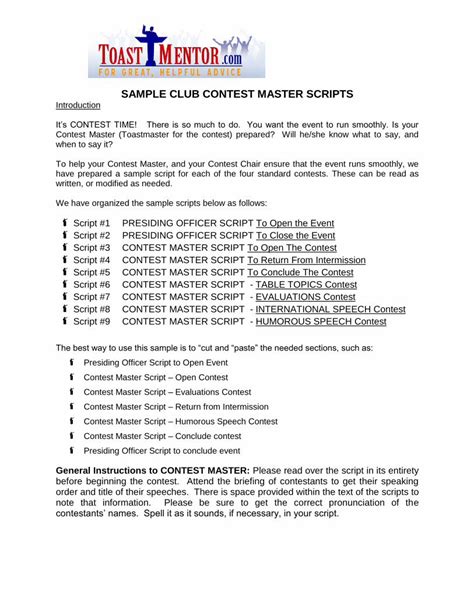 Pdf Sample Club Contest Master Scripts Toastmentor Club Contest