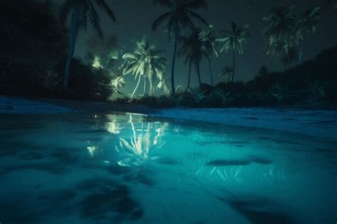 Premium Ai Image Paradise Ocean Blue Luminous Beach Night Sky Palm