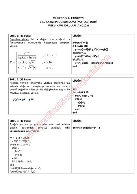 Matlab Programlama Vize Sorular Ve Cevaplar Vize Ve Final Sorular