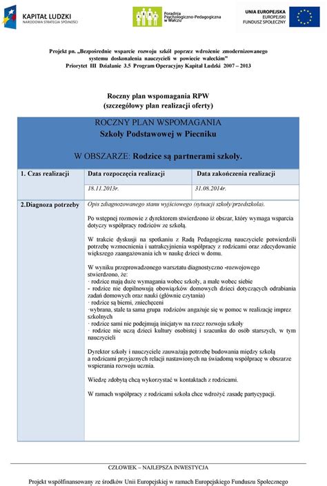 Roczny Plan Wspomagania Szko Y Podstawowej W Piecniku Pdf Darmowe